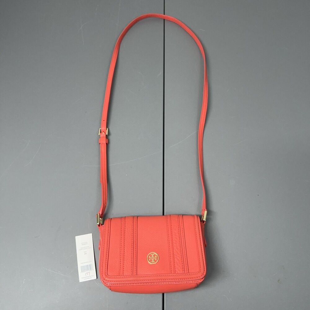 TORY BURCH Landon Crossbody Bag Small Brick Red Leather Flap Adjustable Strap